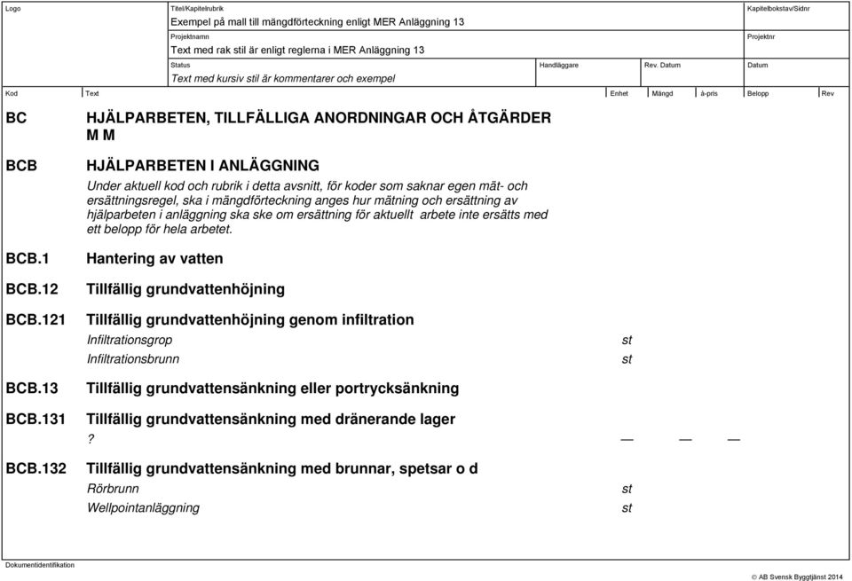 ska i mängdförteckning anges hur mätning och ersättning av hjälparbeten i anläggning ska ske om ersättning för aktuellt arbete inte ersätts med ett belopp för hela arbetet.