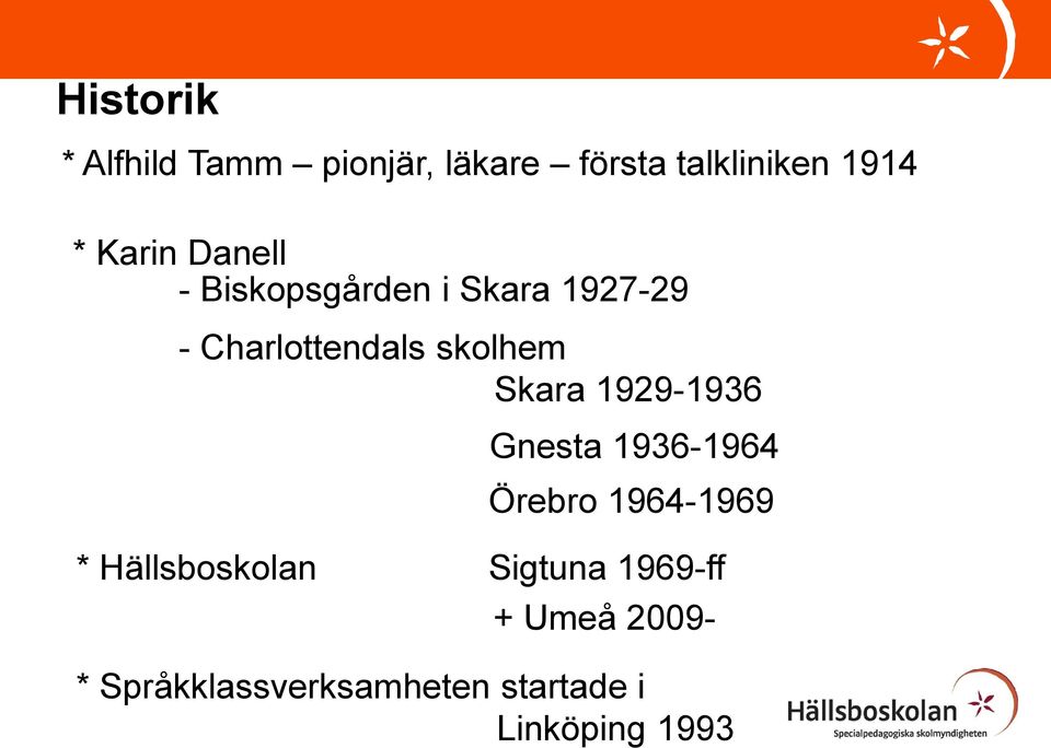 Skara 1929-1936 Gnesta 1936-1964 Örebro 1964-1969 * Hällsboskolan