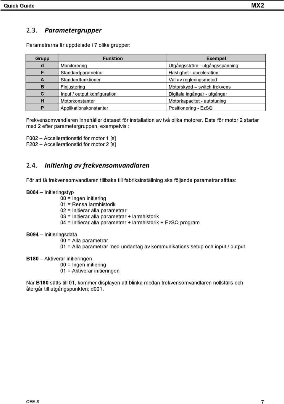 Applikationskonstanter Positionering - EzSQ Frekvensomvandlaren innehåller dataset för installation av två olika motorer.