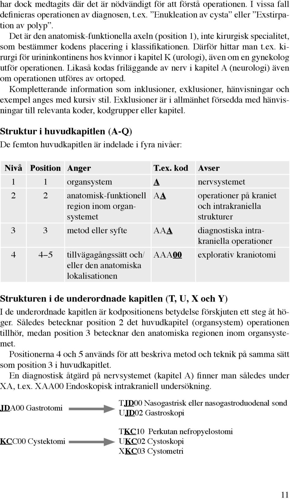 kirurgi för urininkontinens hos kvinnor i kapitel K (urologi), även om en gynekolog utför operationen. Likaså kodas friläggande av nerv i kapitel A (neurologi) även om operationen utföres av ortoped.