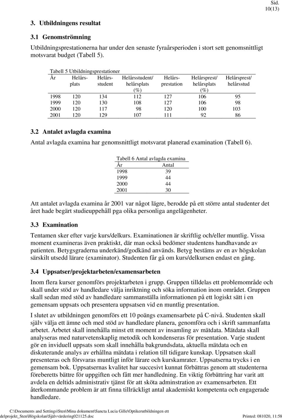 130 108 127 106 98 2000 120 117 98 120 100 103 2001 120 129 107 111 92 86 3.2 Antalet avlagda examina Antal avlagda examina har genomsnittligt motsvarat planerad examination (Tabell 6).