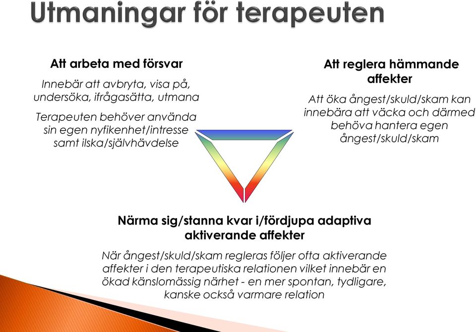 behöva hantera egen ångest/skuld/skam Närma sig/stanna kvar i/fördjupa adaptiva aktiverande affekter När ångest/skuld/skam regleras