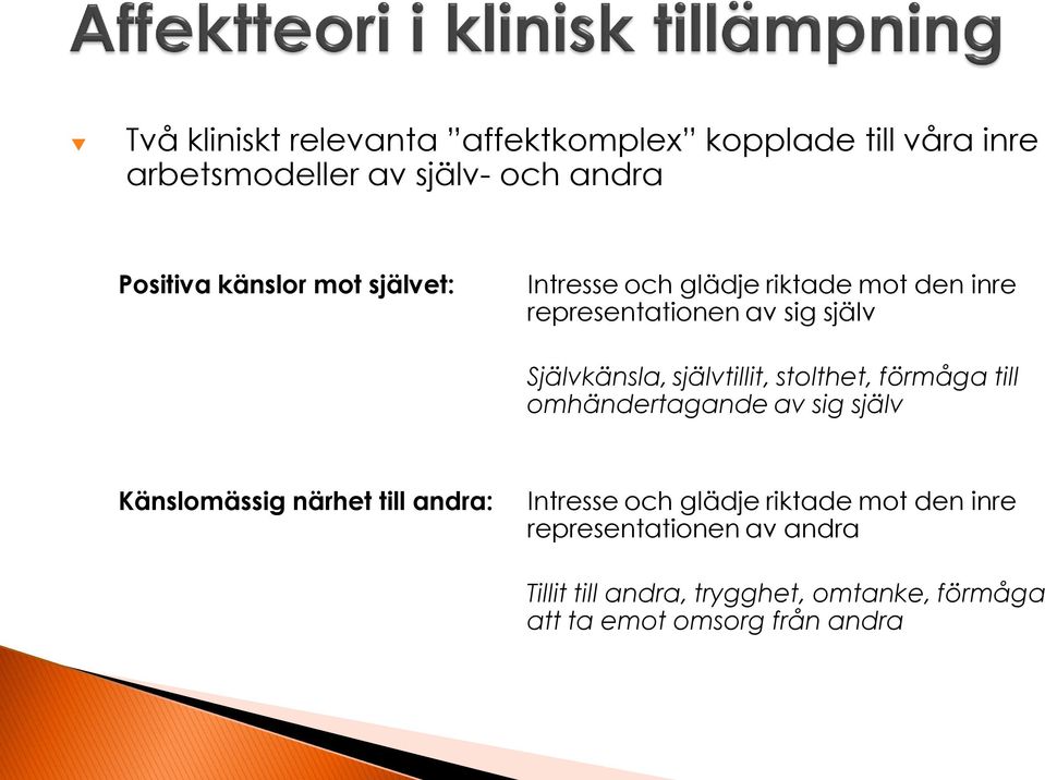 stolthet, förmåga till omhändertagande av sig själv Känslomässig närhet till andra: Intresse och glädje riktade