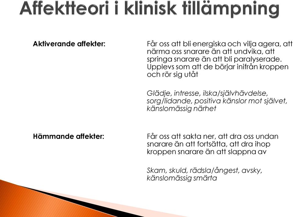 Upplevs som att de börjar inifrån kroppen och rör sig utåt Glädje, intresse, ilska/självhävdelse, sorg/lidande, positiva