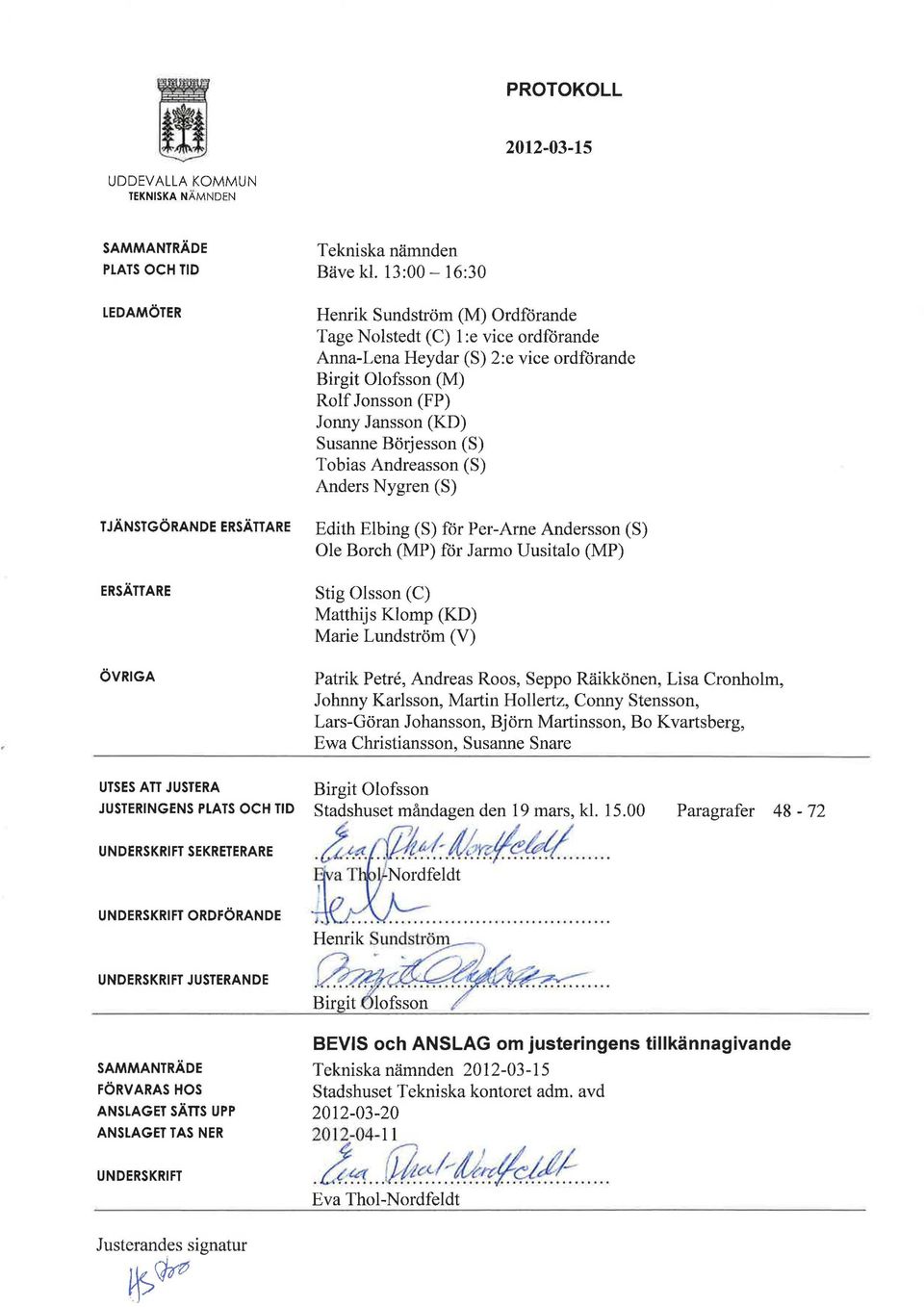 ordförande Anna-Lena Heydar (S) 2:e vice ordförande Birgit Olofsson (M) Rolf Jonsson (FP) Jonny Jansson (KD) Susanne Börjesson (S) Tobias Andreasson (S) Anders Nygren (S) Edith Elbing (S) för