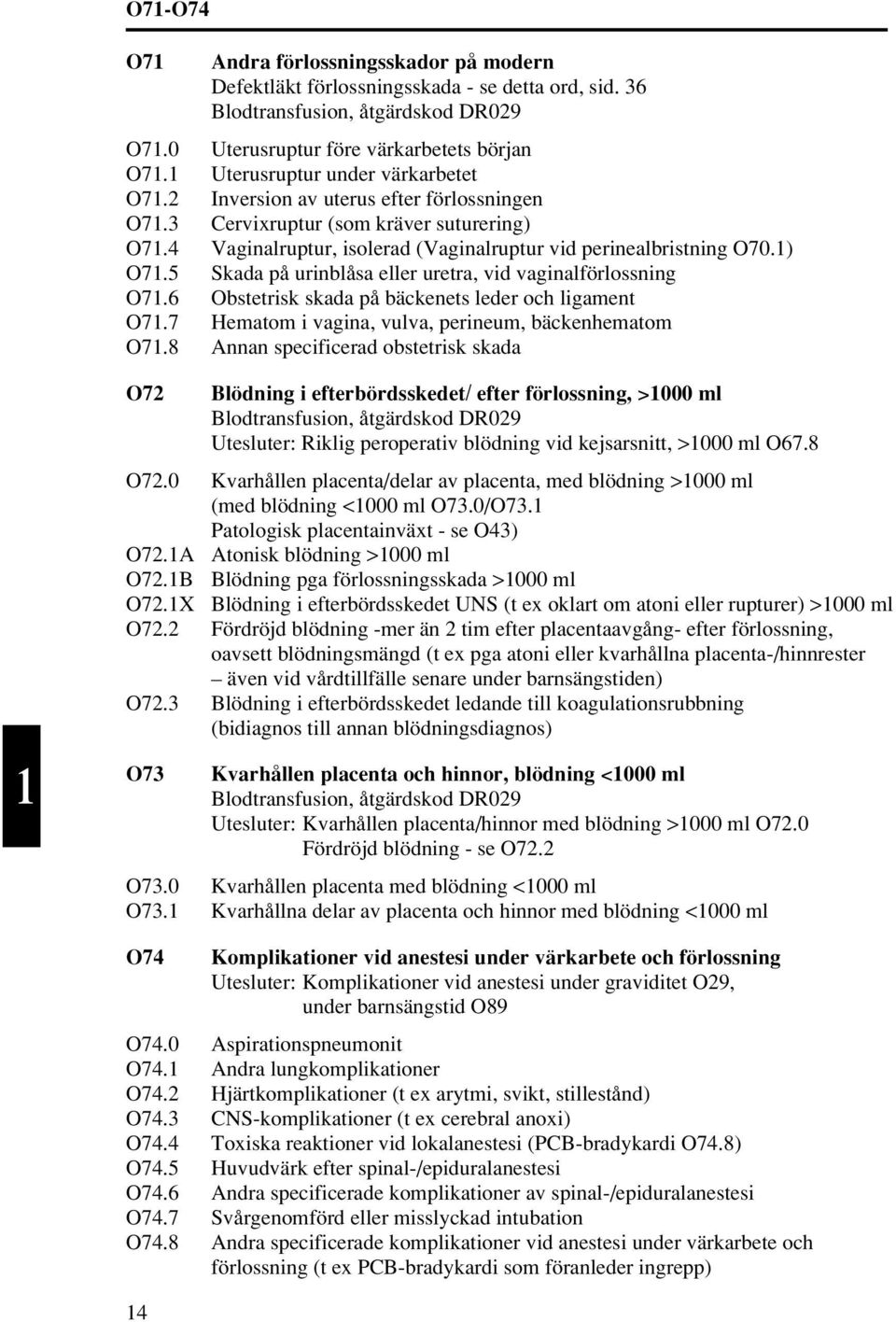 5 Skada på urinblåsa eller uretra, vid vaginalförlossning O71.6 Obstetrisk skada på bäckenets leder och ligament O71.7 Hematom i vagina, vulva, perineum, bäckenhematom O71.