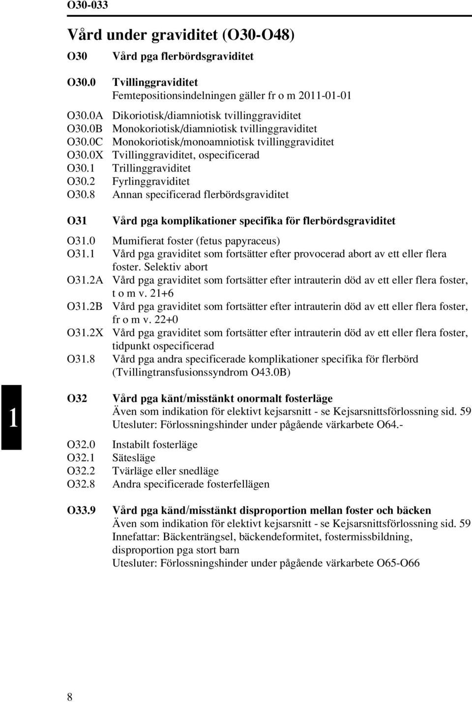 1 Trillinggraviditet O30. Fyrlinggraviditet O30.8 Annan specificerad flerbördsgraviditet O31 Vård pga komplikationer specifika för flerbördsgraviditet O31.0 Mumifierat foster (fetus papyraceus) O31.