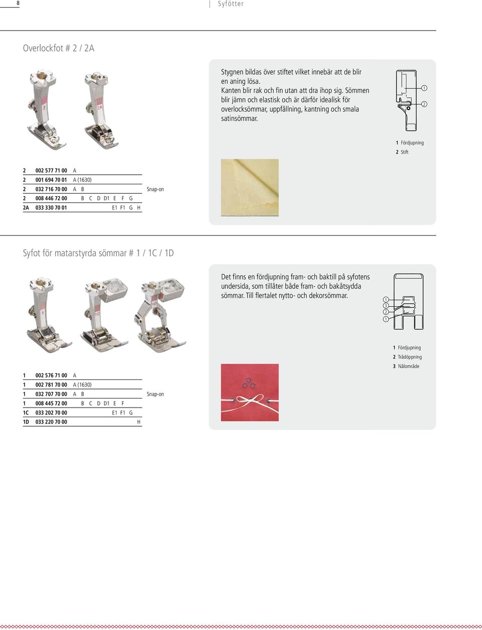 2 Fördjupning 2 Stift 2 002 577 7 00 A 2 00 694 70 0 A (630) 2 032 76 70 00 A B Snap-on 2 008 446 72 00 B C D D E F G 2A 033 330 70 0 E F G H Syfot för matarstyrda sömmar # / C / D Det finns