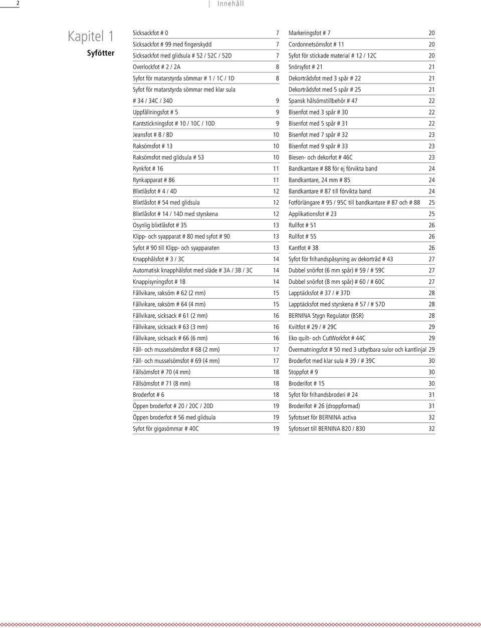 # 86 Blixtlåsfot # 4 / 4D 2 Blixtlåsfot # 54 med glidsula 2 Blixtlåsfot # 4 / 4D med styrskena 2 Osynlig blixtlåsfot # 35 3 Klipp- och syapparat # 80 med syfot # 90 3 Syfot # 90 till Klipp- och