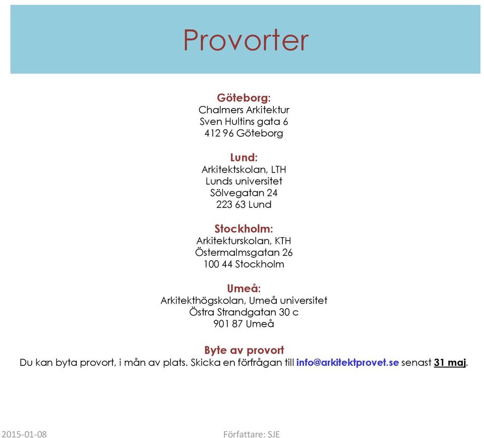 44 Stockholm Umeå: Arkitekthögskolan, Umeå universitet Östra Strandgatan 30 c 901 87 Umeå Byte av