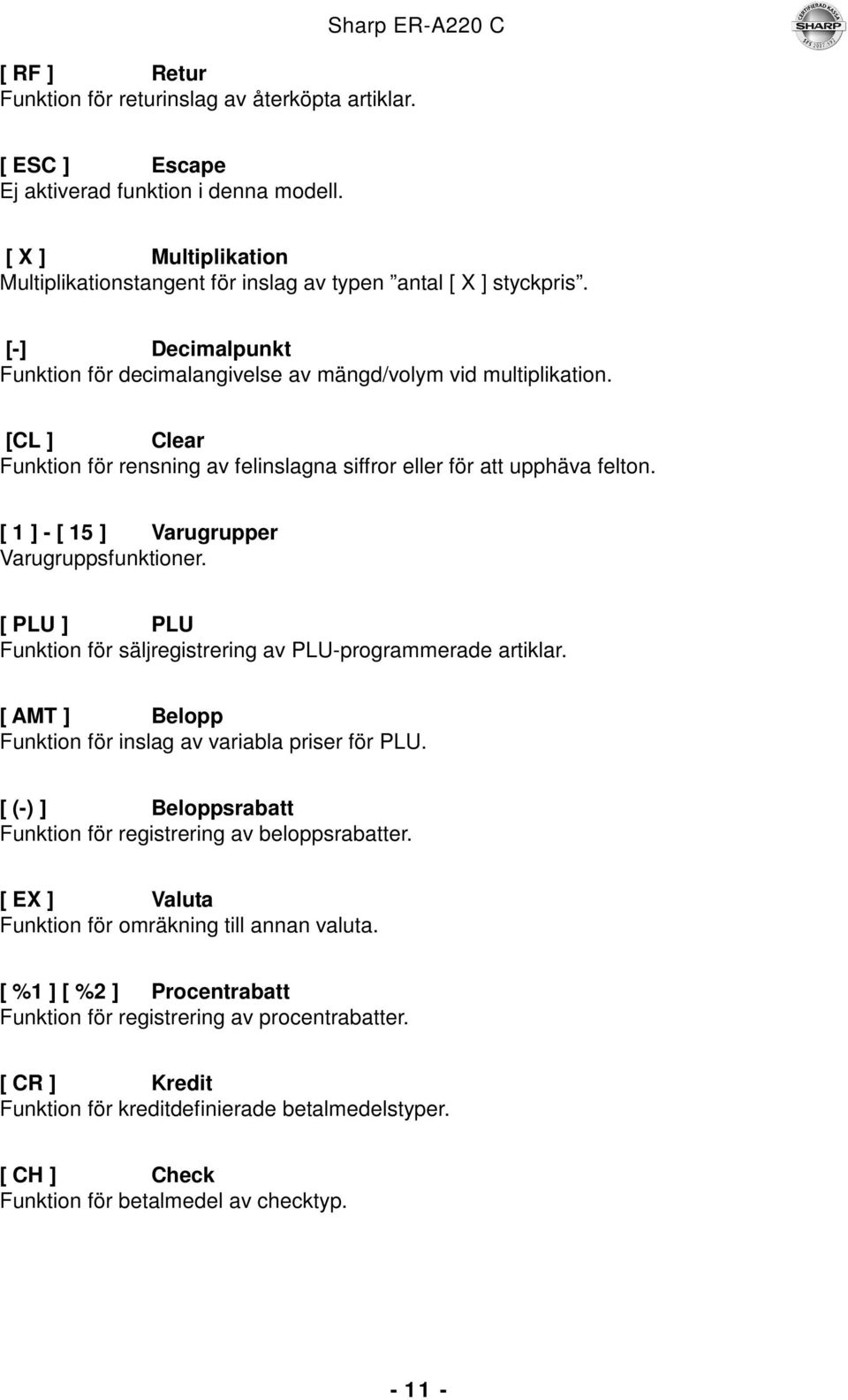 [ 1 ] - [ 15 ] Varugrupper Varugruppsfunktioner. [ PLU ] PLU Funktion för säljregistrering av PLU-programmerade artiklar. [ AMT ] Belopp Funktion för inslag av variabla priser för PLU.