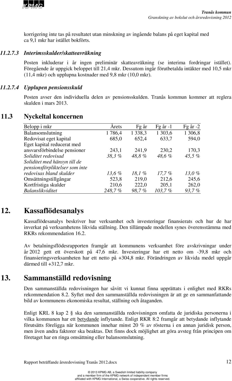 Dessutom ingår förutbetalda intäkter med 10,5 mkr (11,4 mkr) och upplupna kostnader med 9,8 mkr (10,0 mkr). 11.2.7.4 Upplupen pensionsskuld Posten avser den individuella delen av pensionsskulden.