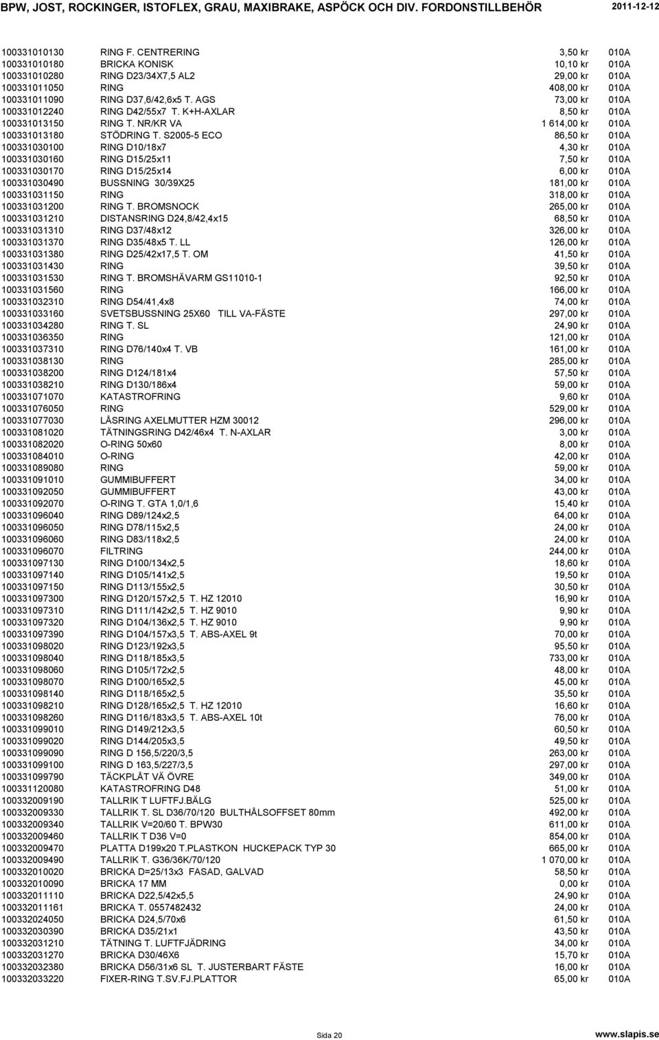 S2005-5 ECO 86,50 kr 010A 100331030100 RING D10/18x7 4,30 kr 010A 100331030160 RING D15/25x11 7,50 kr 010A 100331030170 RING D15/25x14 6,00 kr 010A 100331030490 BUSSNING 30/39X25 181,00 kr 010A