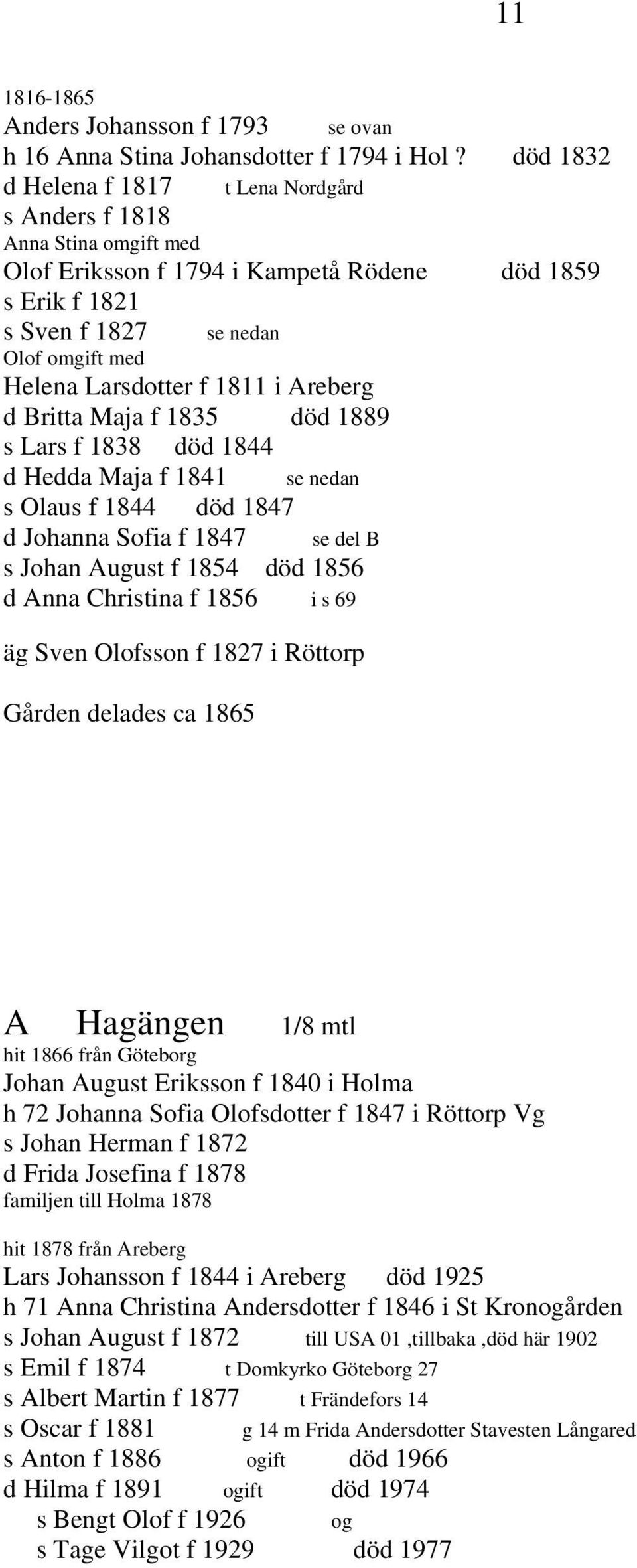 1811 i Areberg d Britta Maja f 1835 död 1889 s Lars f 1838 död 1844 d Hedda Maja f 1841 se nedan s Olaus f 1844 död 1847 d Johanna Sofia f 1847 se del B s Johan August f 1854 död 1856 d Anna