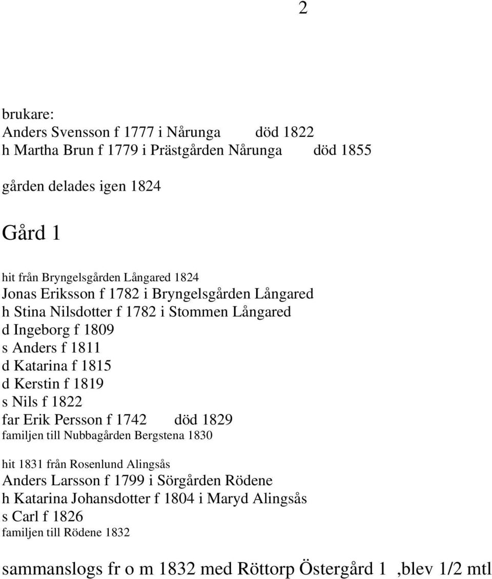 Kerstin f 1819 s Nils f 1822 far Erik Persson f 1742 död 1829 familjen till Nubbagården Bergstena 1830 hit 1831 från Rosenlund Alingsås Anders Larsson f 1799 i