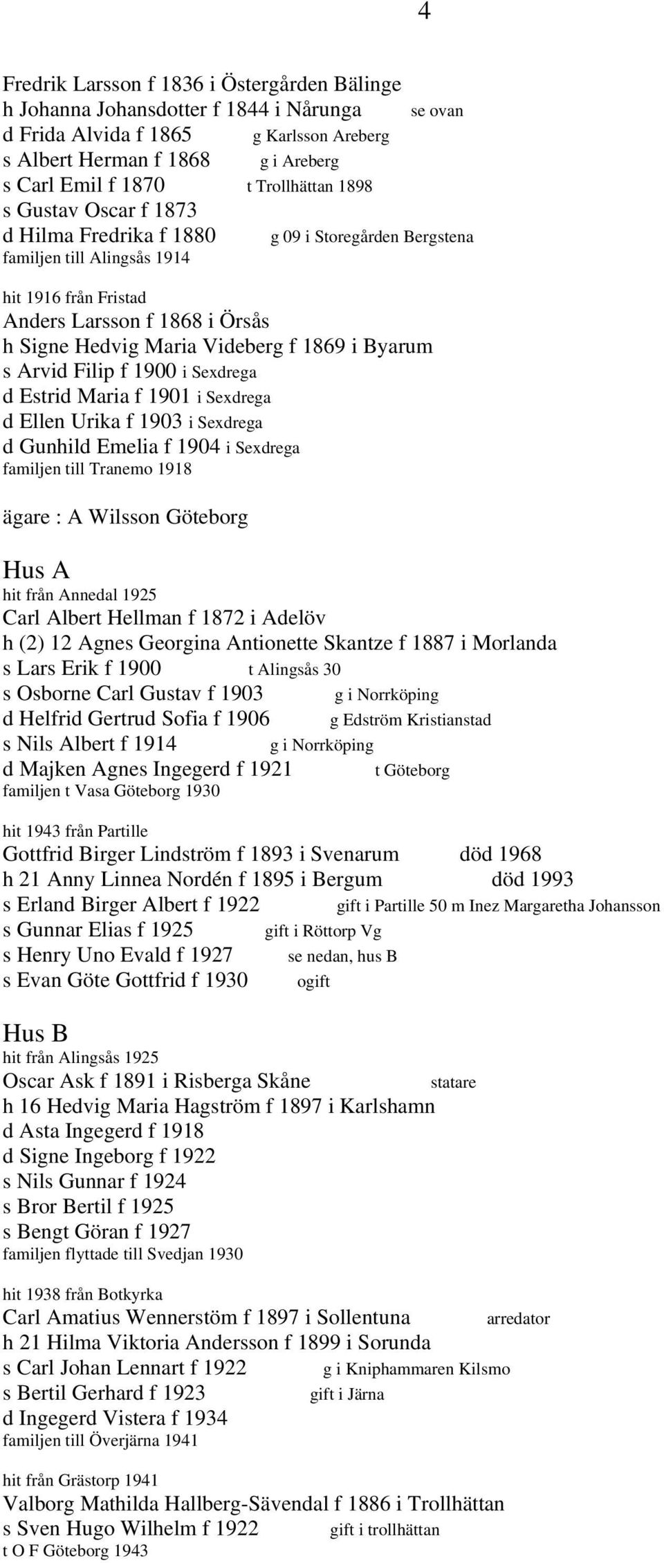 1869 i Byarum s Arvid Filip f 1900 i Sexdrega d Estrid Maria f 1901 i Sexdrega d Ellen Urika f 1903 i Sexdrega d Gunhild Emelia f 1904 i Sexdrega familjen till Tranemo 1918 ägare : A Wilsson Göteborg