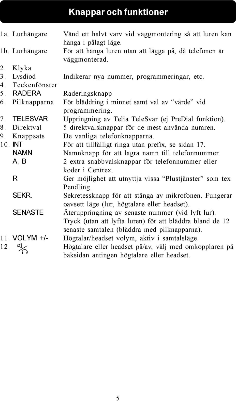 TELESVAR Uppringning av Telia TeleSvar (ej PreDial funktion). 8. Direktval 5 direktvalsknappar för de mest använda numren. 9. Knappsats De vanliga telefonknapparna. 10.