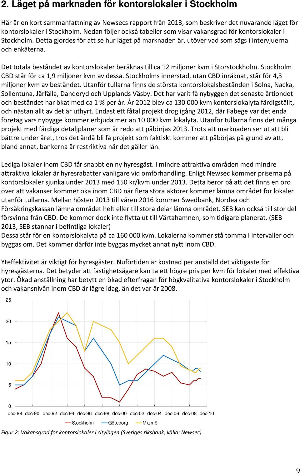 Det totala beståndet av kontorslokaler beräknas till ca 12 miljoner kvm i Storstockholm. Stockholm CBD står för ca 1,9 miljoner kvm av dessa.