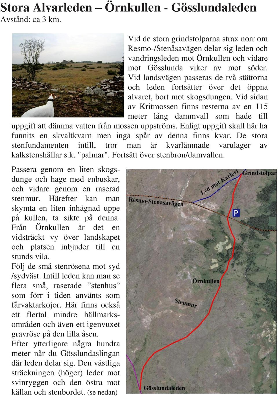 Vid landsvägen passeras de två stättorna och leden fortsätter över det öppna alvaret, bort mot skogsdungen.