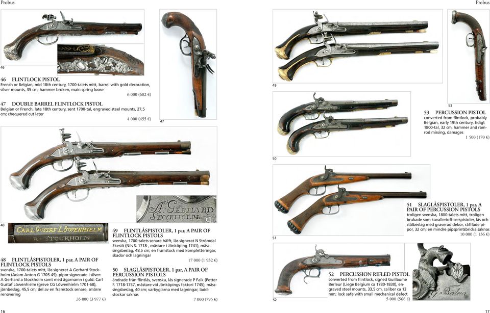 tidigt 1800-tal, 32 cm, hammer and ramrod missing, damages 50 48 48 FLINTLÅSPISTOLER, 1 par, A PAIR OF FLINTLOCK PISTOLS svenska, 1700-talets mitt, lås signerat A Gerhard Stockholm (Adam Anton G