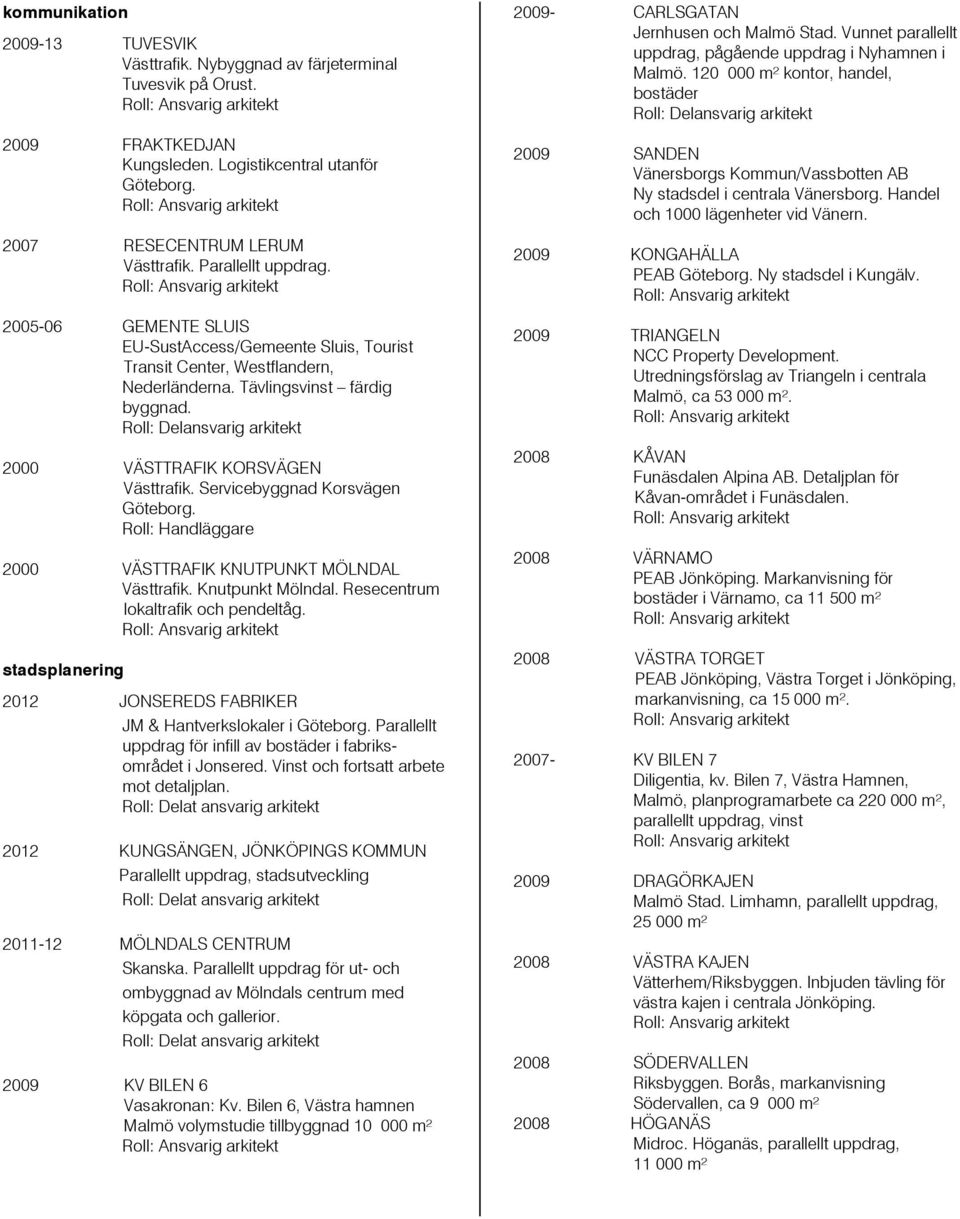 Roll: Delansvarig arkitekt 2000 VÄSTTRAFIK KORSVÄGEN Västtrafik. Servicebyggnad Korsvägen Göteborg. Roll: Handläggare 2000 VÄSTTRAFIK KNUTPUNKT MÖLNDAL Västtrafik. Knutpunkt Mölndal.