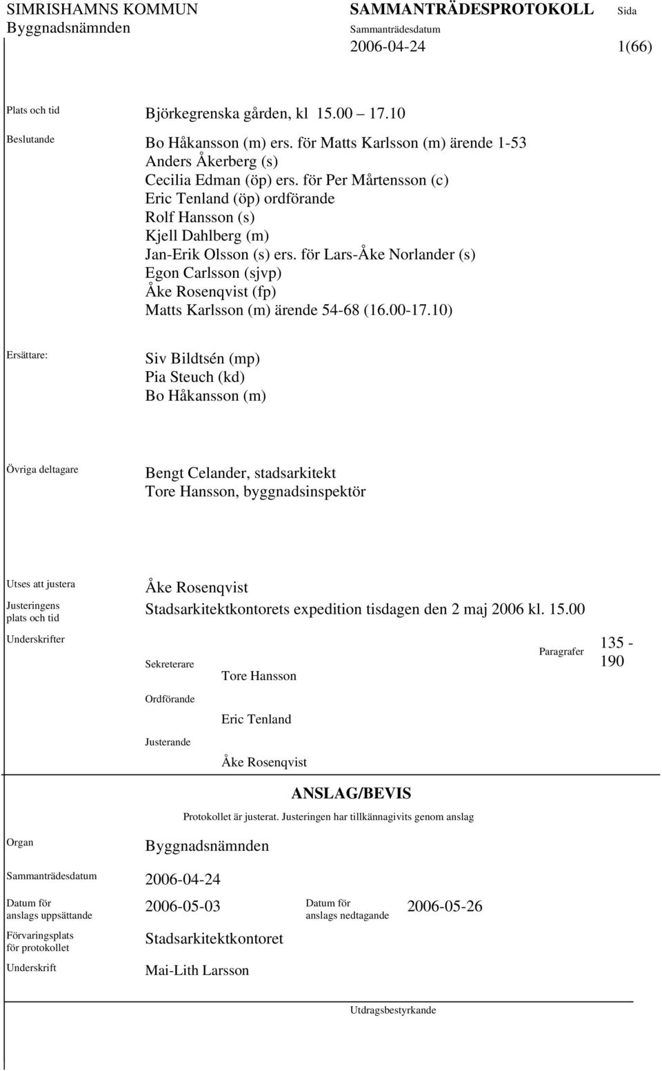 för Lars-Åke Norlander (s) Egon Carlsson (sjvp) Åke Rosenqvist (fp) Matts Karlsson (m) ärende 54-68 (16.00-17.