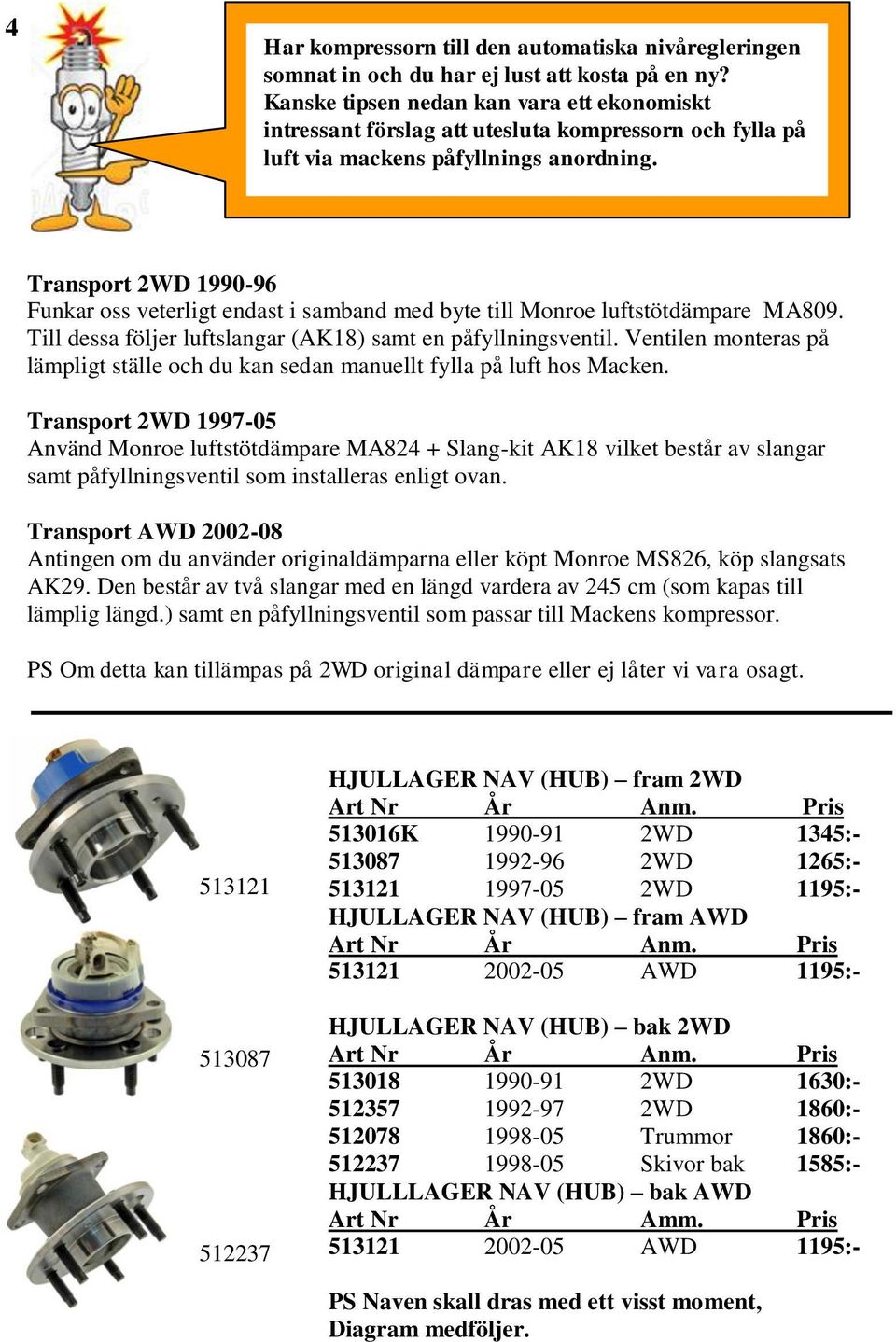 Transport 2WD 1990-96 Funkar oss veterligt endast i samband med byte till Monroe luftstötdämpare MA809. Till dessa följer luftslangar (AK18) samt en påfyllningsventil.