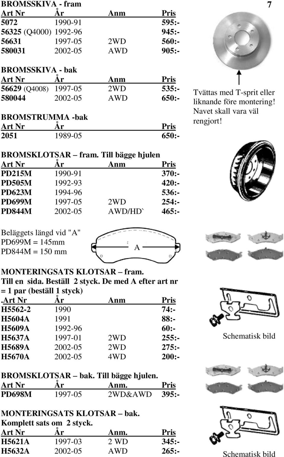 Till bägge hjulen Art Nr År Anm Pris PD215M 1990-91 370:- PD505M 1992-93 420:- PD623M 1994-96 536:- PD699M 1997-05 2WD 254:- PD844M 2002-05 AWD/HD` 465:- Beläggets längd vid "A" PD699M = 145mm PD844M