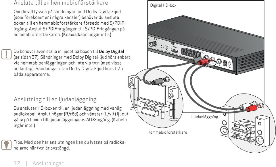 Sändningar med Dolby Digital-ljud hörs enbart via hemmabioanläggningen och inte via tv:n (med vissa undantag). Sändningar utan Dolby Digital-ljud hörs från båda apparaterna.