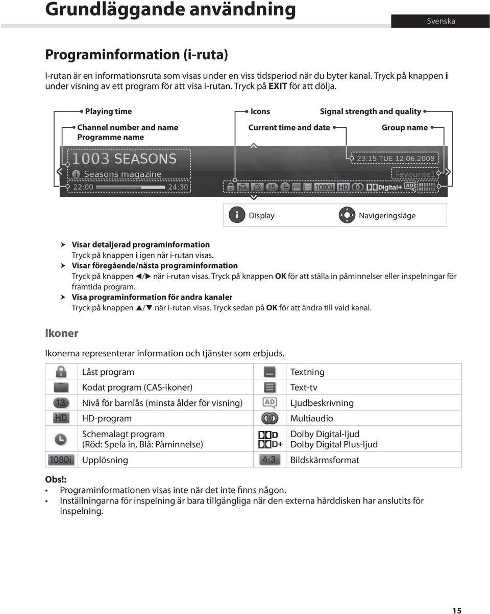 Playing time Channel number and name Programme name Icons Signal strength and quality Current time and date Group name Display Navigeringsläge Visar detaljerad programinformation Tryck på knappen i