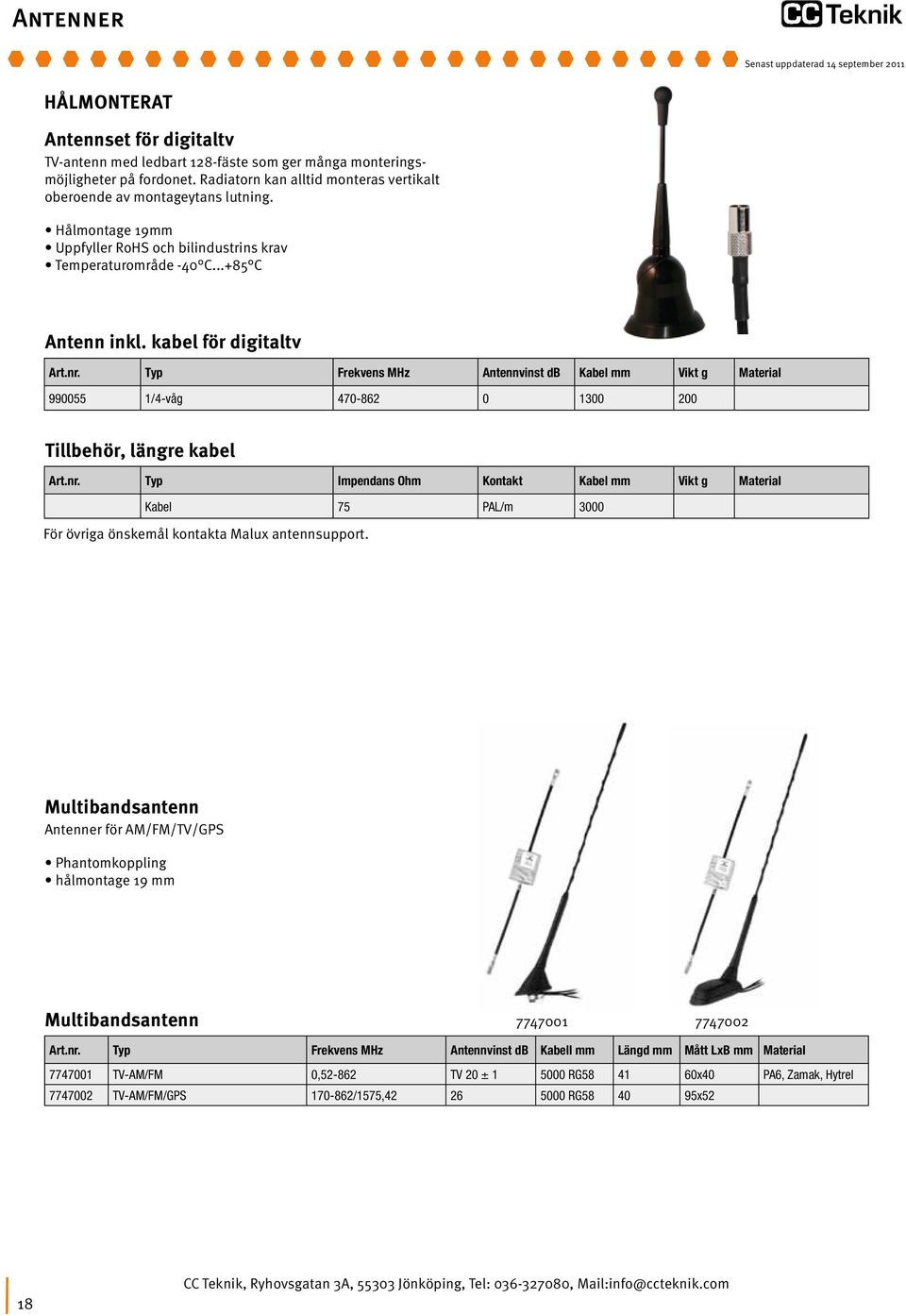 Typ Frekvens MHz Antennvinst db Kabel mm Vikt g Material 990055 1/4-våg 470-862 0 1300 200 Tillbehör, längre kabel Art.nr.