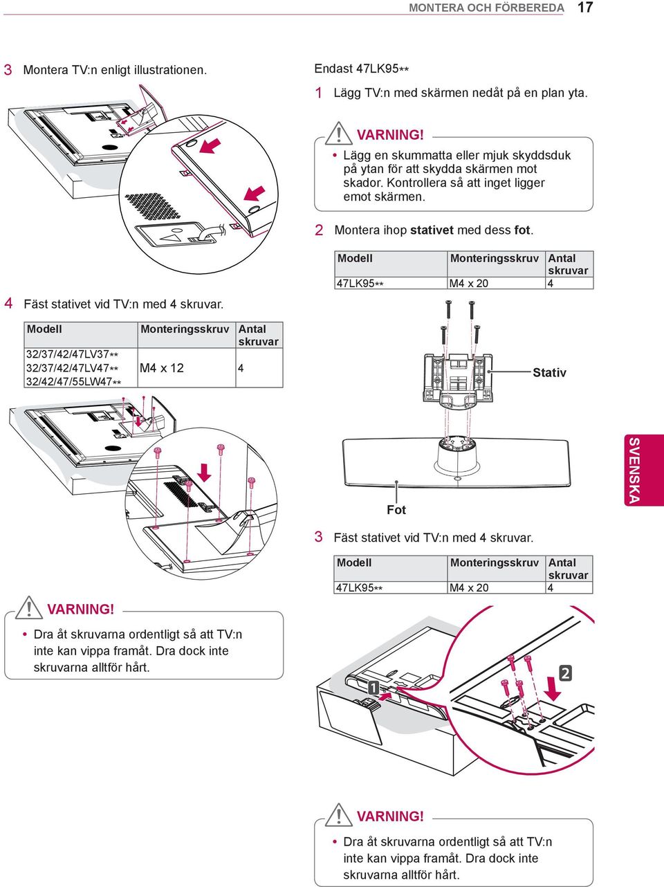 Modell Monteringsskruv Antal skruvar 47LK95 ** M4 x 20 4 Modell Monteringsskruv Antal skruvar 32/37/42/47LV37 ** 32/37/42/47LV47 ** 32/42/47/55LW47 ** M4 x 12 4 Stativ Fot 3 Fäst stativet vid TV:n