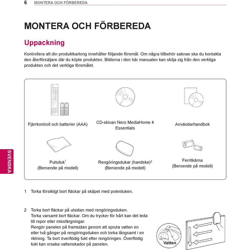 Fjärrkontroll och batterier (AAA) CD-skivan Nero MediaHome 4 Essentials Användarhandbok Putsduk 1 (Beroende på modell) Rengöringsdukar (handske) 2 (Beroende på modell) Ferritkärna (Beroende på