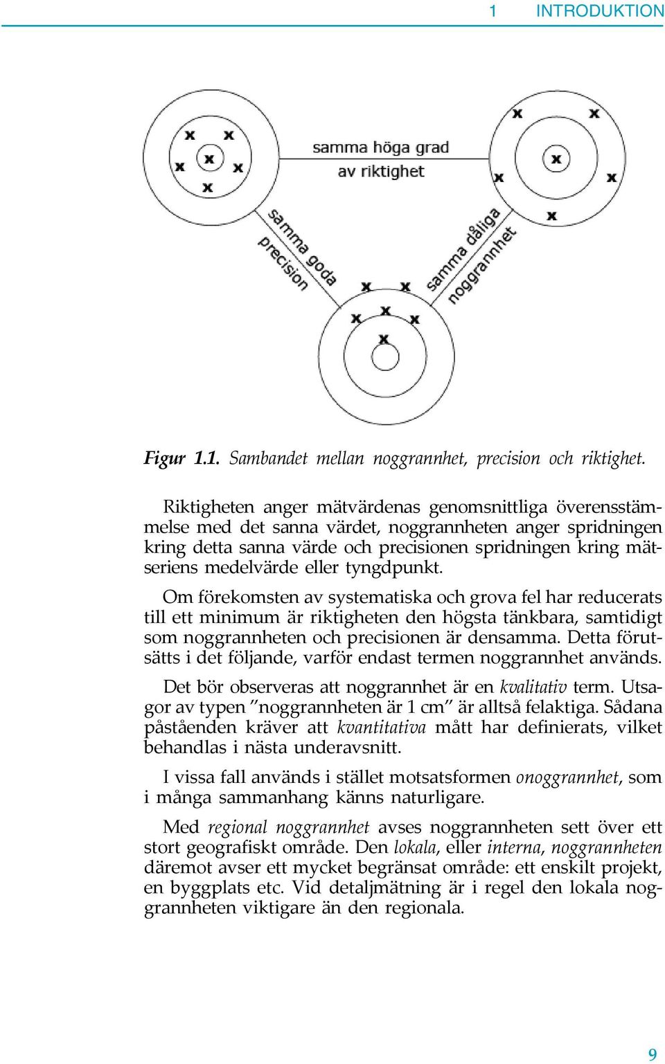 eller tyngdpunkt. Om förekomsten av systematiska och grova fel har reducerats till ett minimum är riktigheten den högsta tänkbara, samtidigt som noggrannheten och precisionen är densamma.