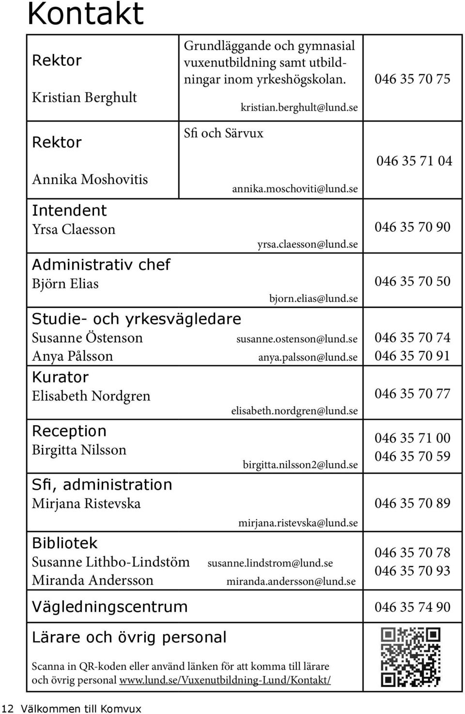 Reception Birgitta Nilsson Sfi, administration Mirjana Ristevska Bibliotek Susanne Lithbo-Lindstöm Miranda Andersson annika.moschoviti@lund.se yrsa.claesson@lund.se bjorn.elias@lund.se susanne.
