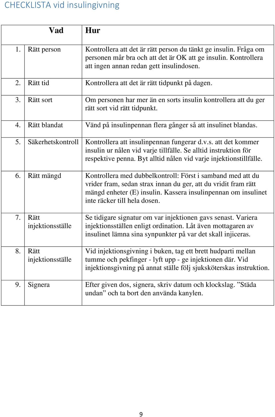 Rätt sort Om personen har mer än en sorts insulin kontrollera att du ger rätt sort vid rätt tidpunkt. 4. Rätt blandat Vänd på insulinpennan flera gånger så att insulinet blandas. 5.