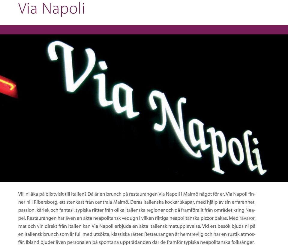 Restaurangen har även en äkta neapolitansk vedugn i vilken riktiga neapolitanska pizzor bakas. Med råvaror, mat och vin direkt från Italien kan Via Napoli erbjuda en äkta italiensk matupplevelse.