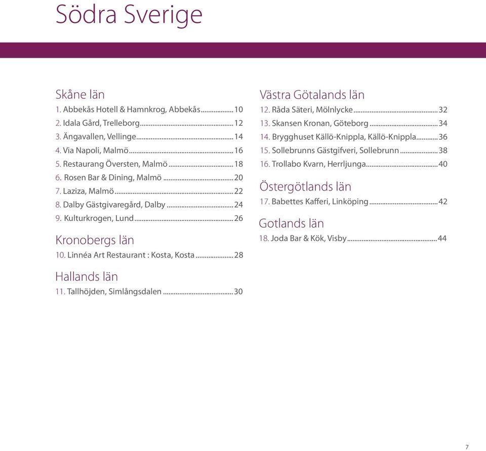 ..28 Västra Götalands län 12. Råda Säteri, Mölnlycke...32 13. Skansen Kronan, Göteborg...34 14. Brygghuset Källö-Knippla, Källö-Knippla...36 15. Sollebrunns Gästgifveri, Sollebrunn.