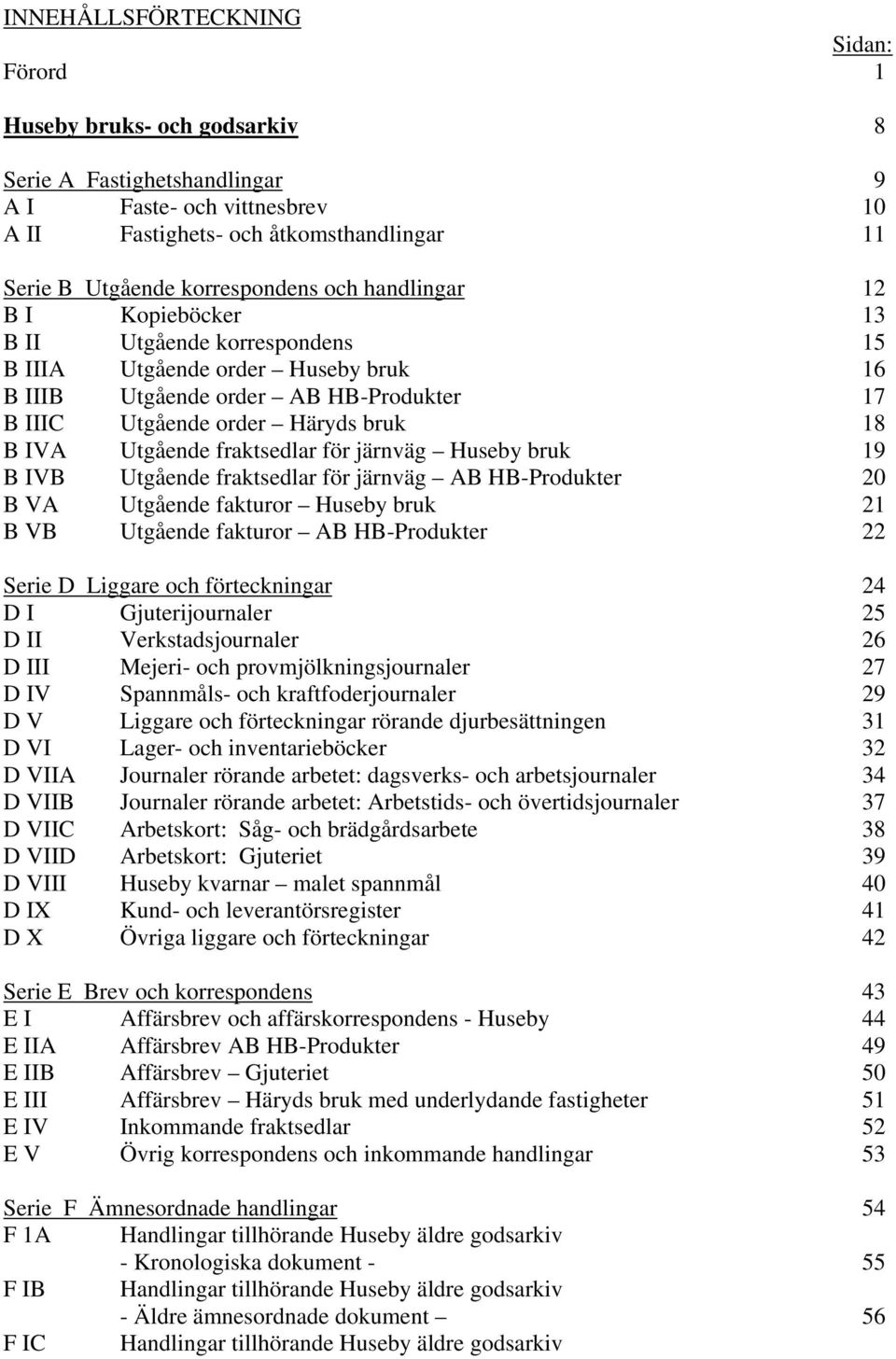 Huseby bruk 19 B IVB Utgående fraktsedlar för järnväg AB HB-Produkter 20 B VA Utgående fakturor Huseby bruk 21 B VB Utgående fakturor AB HB-Produkter 22 Serie D Liggare och förteckningar 24 D I