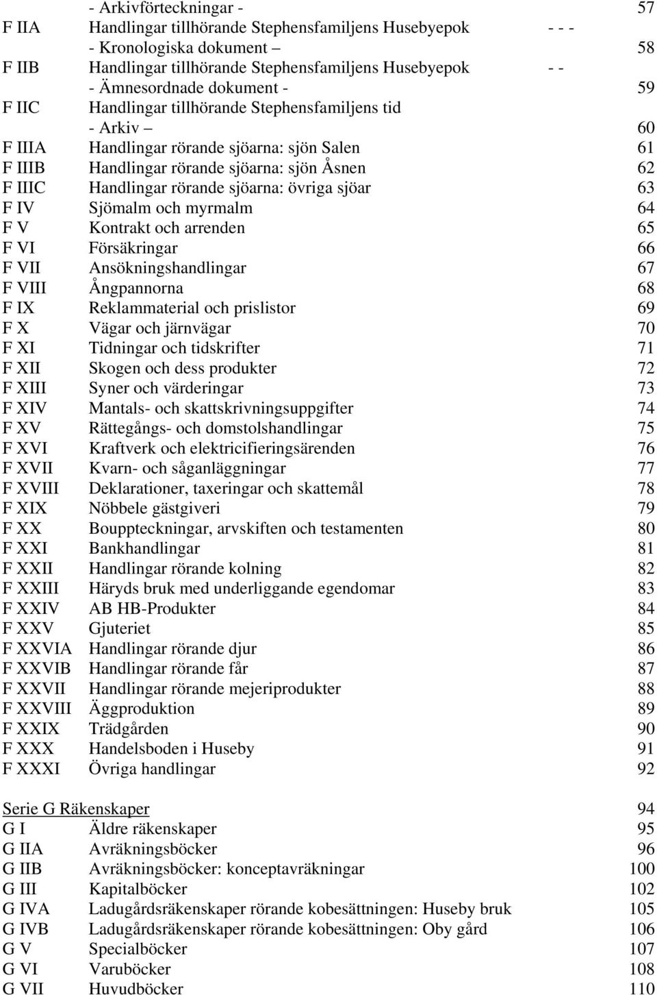 sjöarna: övriga sjöar 63 F IV Sjömalm och myrmalm 64 F V Kontrakt och arrenden 65 F VI Försäkringar 66 F VII Ansökningshandlingar 67 F VIII Ångpannorna 68 F IX Reklammaterial och prislistor 69 F X