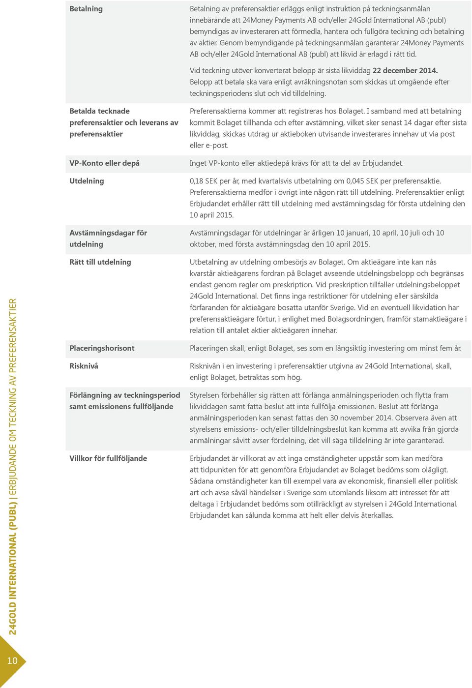 Genom bemyndigande på teckningsanmälan garanterar 24Money Payments AB och/eller 24Gold International AB (publ) att likvid är erlagd i rätt tid.