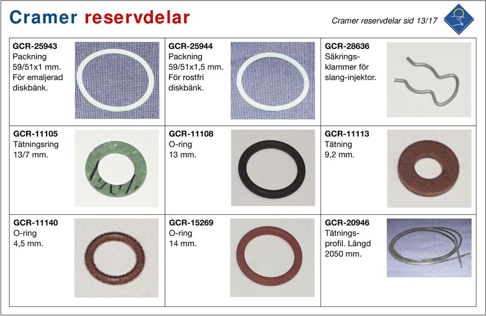 GCR-28636 Säkringsklammer för slang-injektor. GCR-11105 Tätningsring 13/7 mm.
