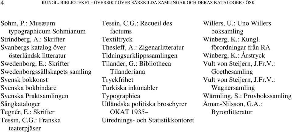 : Skrifter Tessin, C.G.: Franska teaterpjäser Tessin, C.G.: Recueil des factums Textiltryck Thesleff, A.: Zigenarlitteratur Tidningsurklippssamlingen Tilander, G.