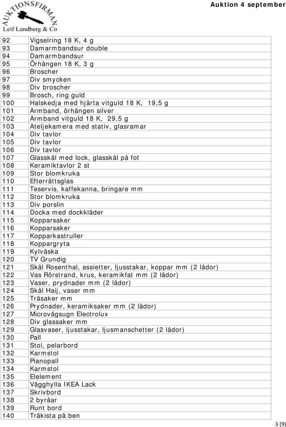 Keramiktavlor 2 st 109 Stor blomkruka 110 Efterrättsglas 111 Teservis, kaffekanna, bringare mm 112 Stor blomkruka 113 Div porslin 114 Docka med dockkläder 115 Kopparsaker 116 Kopparsaker 117