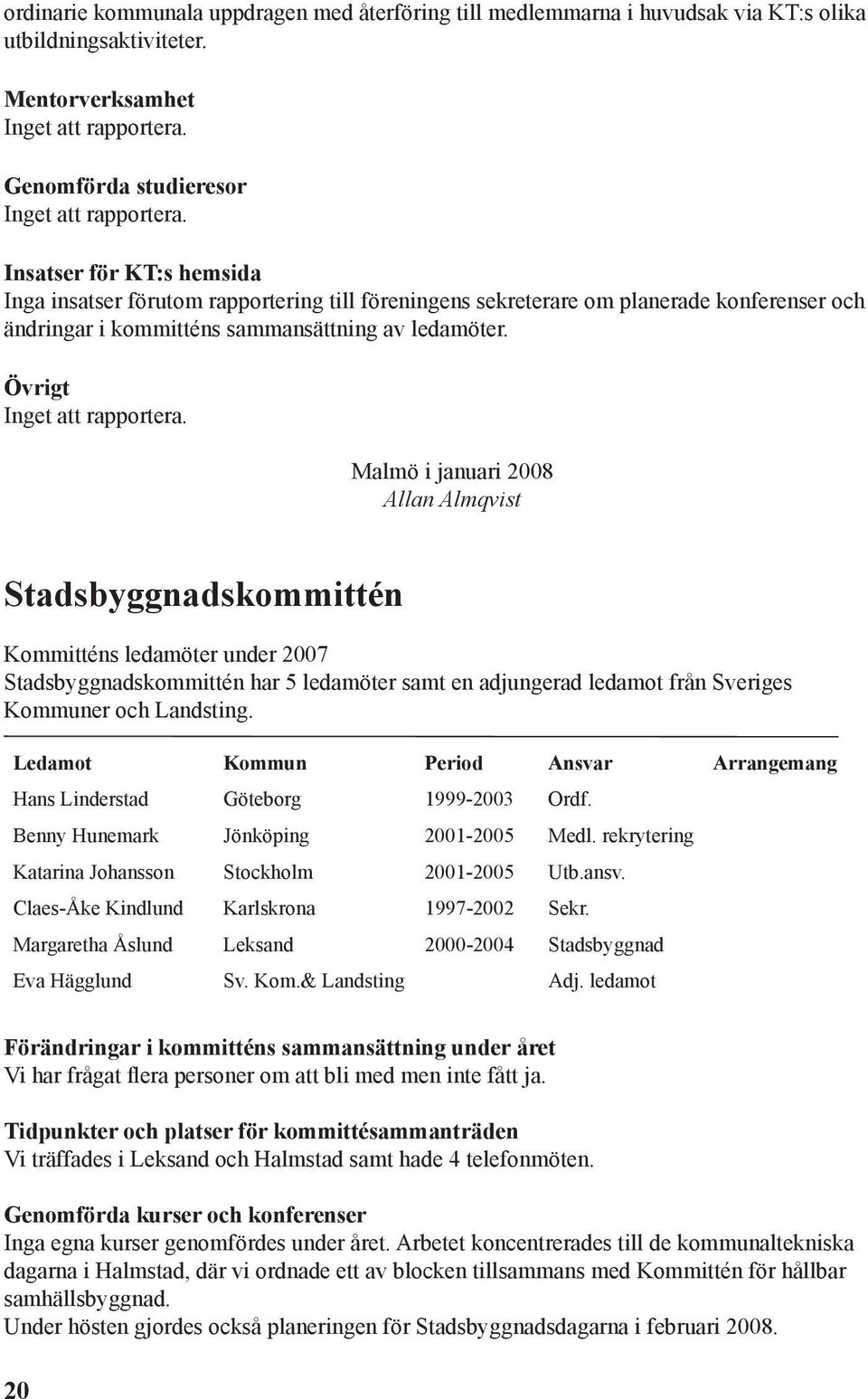 Malmö i januari 2008 Allan Almqvist Stadsbyggnadskommittén Kommitténs ledamöter under 2007 Stadsbyggnadskommittén har 5 ledamöter samt en adjungerad ledamot från Sveriges Kommuner och Landsting.