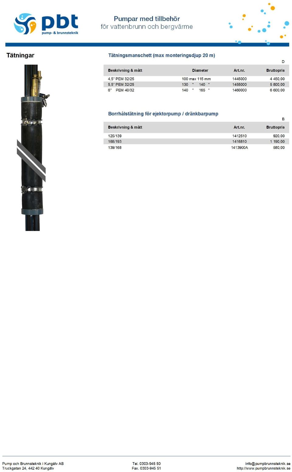 PEM 40/32 140 " 165 " 1460000 6 600,00 orrhålstätning för ejektorpump / dränkbarpump