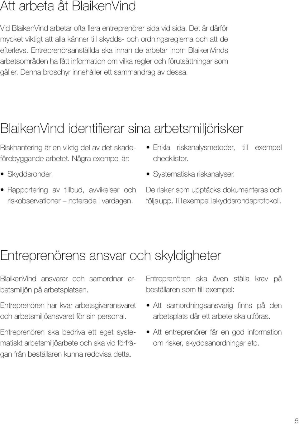 BlaikenVind identifierar sina arbetsmiljörisker Riskhantering är en viktig del av det skadeförebyggande arbetet. Några exempel är: Skyddsronder.