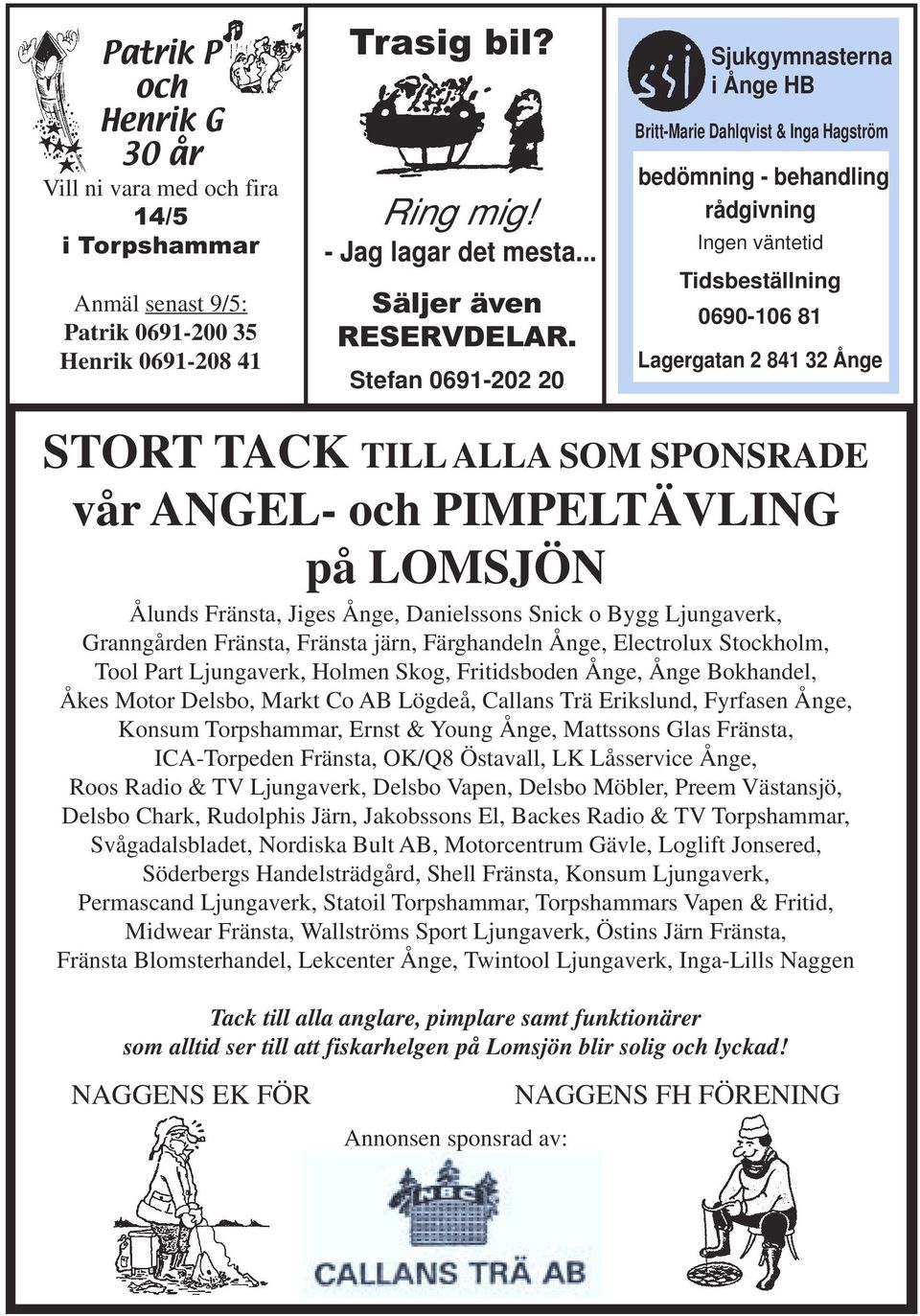 TILL ALLA SOM SPONSRADE vår ANGEL- och PIMPELTÄVLING på LOMSJÖN Ålunds Fränsta, Jiges Ånge, Danielssons Snick o Bygg Ljungaverk, Granngården Fränsta, Fränsta järn, Färghandeln Ånge, Electrolux