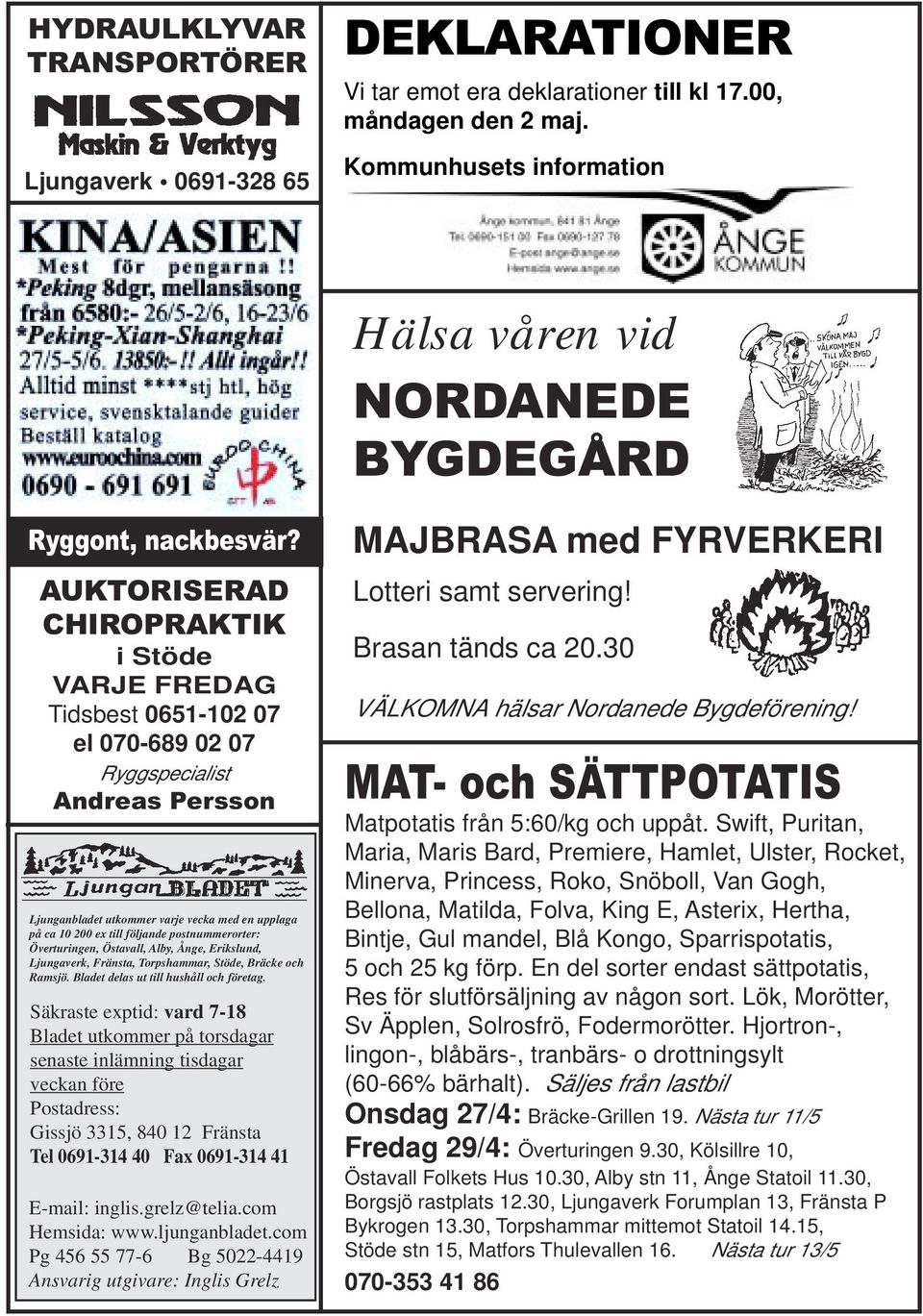 AUKTORISERAD CHIROPRAKTIK i Stöde VARJE FREDAG Tidsbest 0651-102 07 el 070-689 02 07 Ryggspecialist Andreas Persson Ljunganbladet utkommer varje vecka med en upplaga på ca 10 200 ex till följande