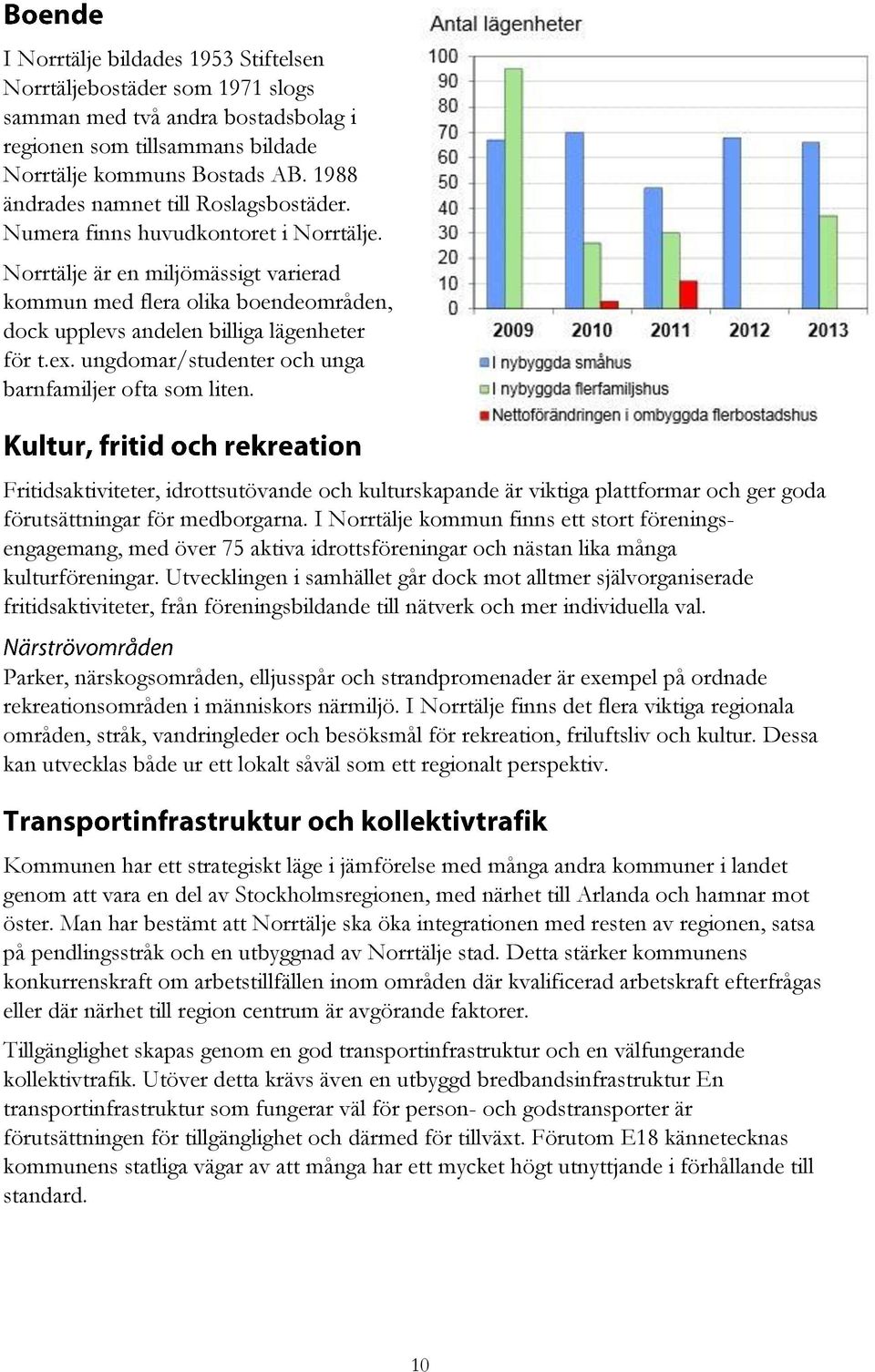 Norrtälje är en miljömässigt varierad kommun med flera olika boendeområden, dock upplevs andelen billiga lägenheter för t.ex. ungdomar/studenter och unga barnfamiljer ofta som liten.